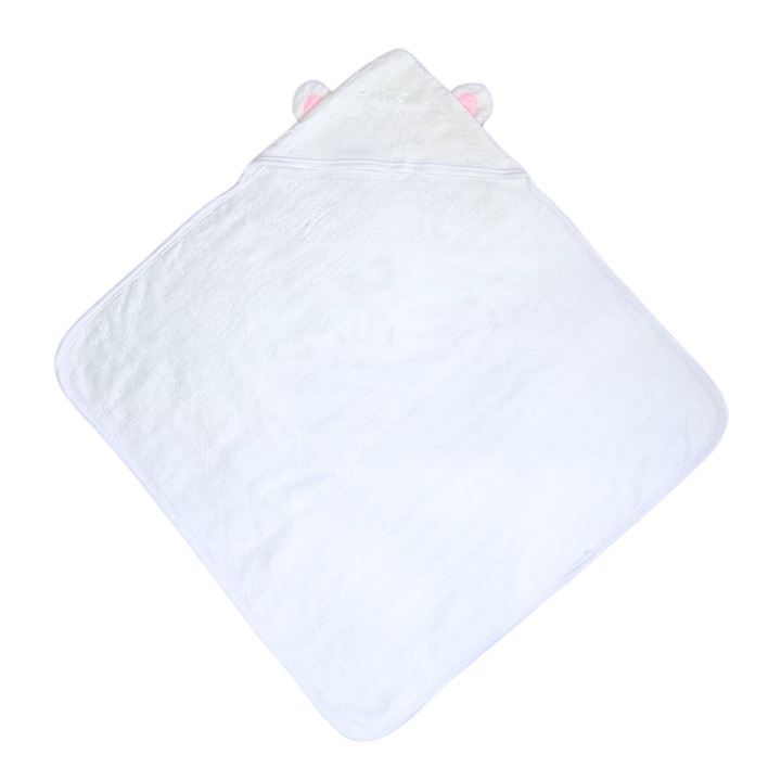 Prosop de baie din 100% fibra de bambus pentru bebelusi si copii, cu gluga, moale si pufos, Zappy Doo, marime 75x75, urechi roz, prosopel fata si 2 agatatoare