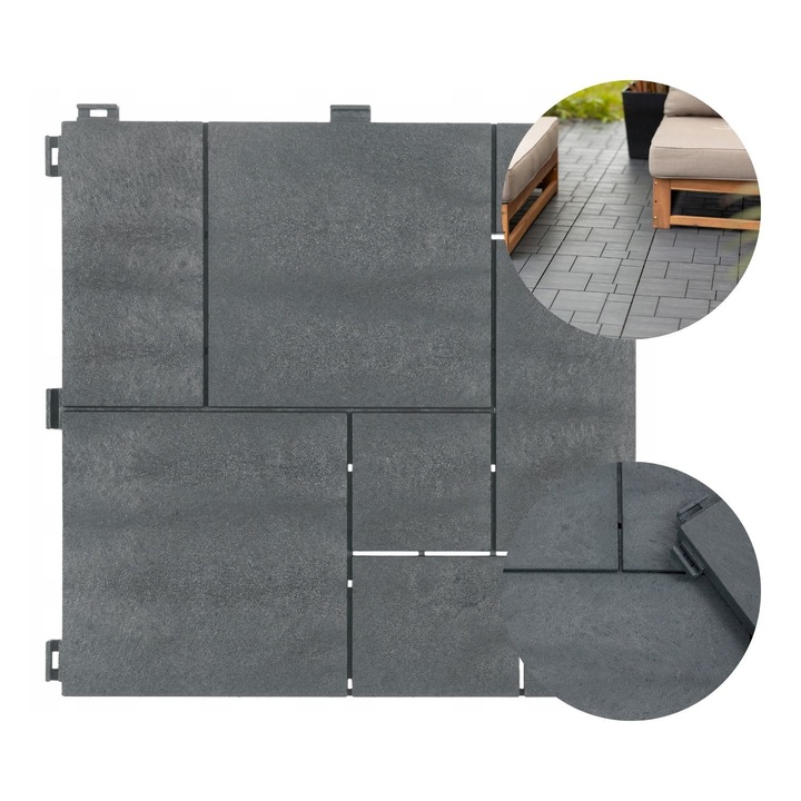 Placa Terasa, e-floor, Mozaik, 30 x 30 cm, Gri, 100% Material Reciclat, Forma Patrata, Grosime 1.5 cm, Montare Quick-Click, Eco Si Durabila, Rezistent