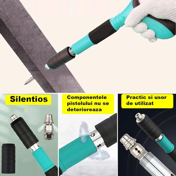 Kit Pistol Manual SIKS Pentru Fixarea Cuielor Pe Perete / Nituri, Lungime 30 cm, Calibru 7.3 cm, Pneumatic, Accesorii, Ochelari De Protectie, Cutie Transport, Albastru