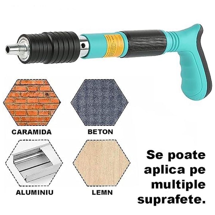 Kit Pistol Manual SIKS Pentru Fixarea Cuielor Pe Perete / Nituri, Lungime 30 cm, Calibru 7.3 cm, Pneumatic, Accesorii, Ochelari De Protectie, Cutie Transport, Albastru