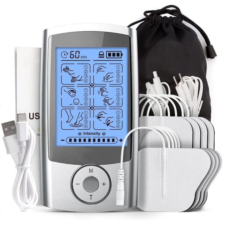 Aparat De Masaj Cu Electrostimulare Pentru Fizioterapie si Electroterapie EvoSmart™ MH-1080 Profesional, Intensitate reglabila, 8 Electrozi Inclusi, Doua Canale De Utilizare, 16 Programe De Masaj, Functie Stimulator Muscular, Display Digital, Gri