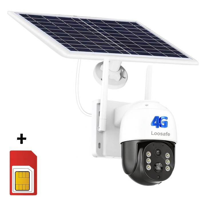 Napelemes megfigyelő kamera 4G Loosafe® 4GProtect Ultra TQ5, 8MP, kültéri, 10400 mAh akkumulátor, 7,6 W-os napelem, Ultra HD, 5-szörös zoom, forgatás, fény- és infravörös LED-ek, kétirányú kommunikáció, mozgásérzékelő, fekete