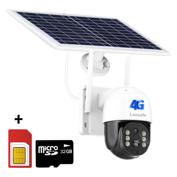 Loosafe® 4GProtect TQ5 Max 4G Соларна камера за наблюдение, 8MP, Външна, Батерия 10400 mAh, 7.6W Соларен панел, Ultra HD, 5X увеличение, Ротация, Светлина и инфрачервени светодиоди, Двупосочна комуникация, Сензор за движение, Черна