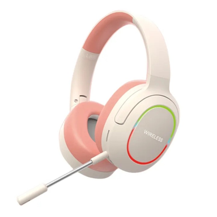 Casti wireless Over-Ear, Gaming Headset, reducere de zgomot ENC, fara fir, pliabile, usoare cu microfon, roz