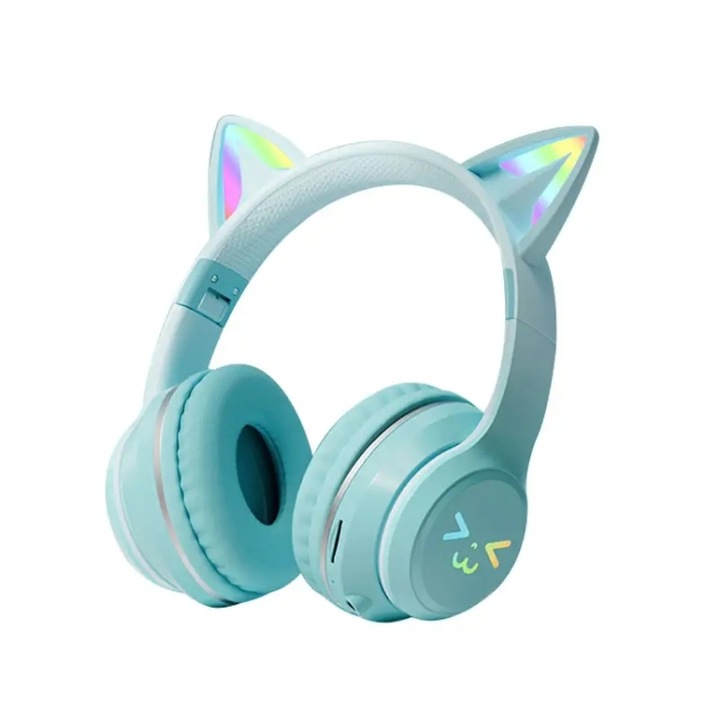 Casti wireless Over-Ear, LED, ureche de pisica, sunet unic, Bluetooth pliabil, microfon, verde