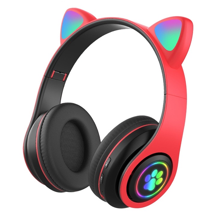 Casti wireless Over-Ear, design cu urechi de pisica, lumini cu gradient LED, Bluetooth wireless, incarcare rapida, viata lunga a bateriei, Rosu
