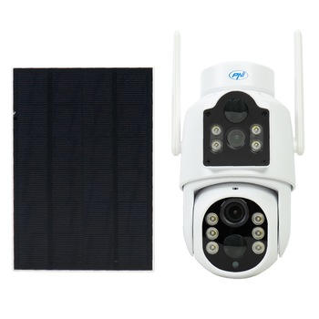 Camera supraveghere video PNI IP792 dual lens 2MP + 2MP, panou solar 3W, acumulator 6000mAh incorporat, detectie miscare, slot card micro SD, vizibilitate nocturna, audio bidirectional, IP65