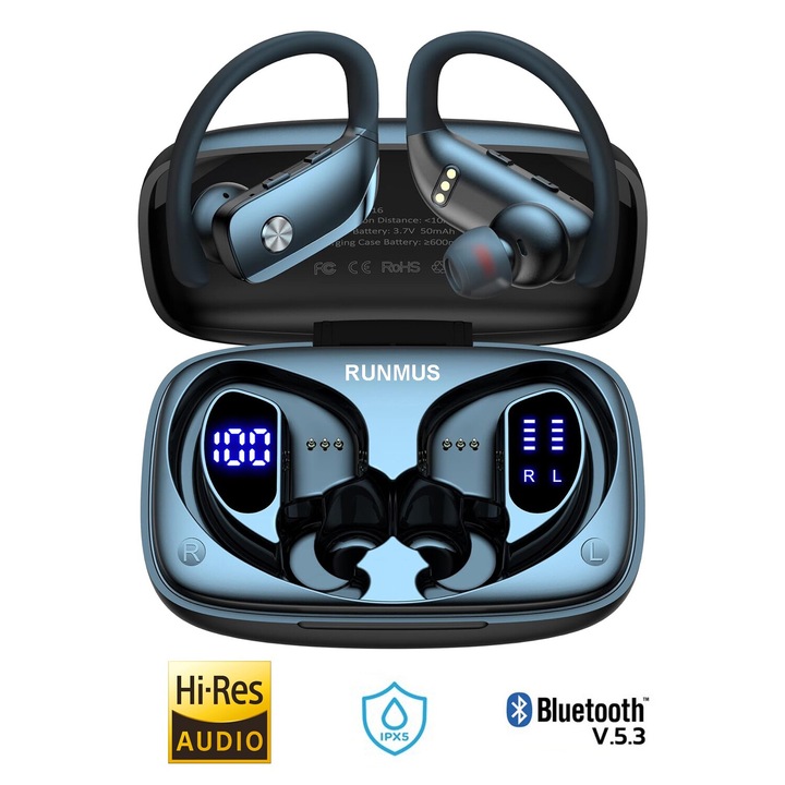 Casti Wireless Bluetooth Sport Runmus® FitWave Elite, Audio HD, In Ear, Fara Fir, Microfon, Control Touch, Asistent Vocal, Universale, Ultra Bass, Bluetooth 5.3, Autonomie 68 Ore, IPX5, Negru