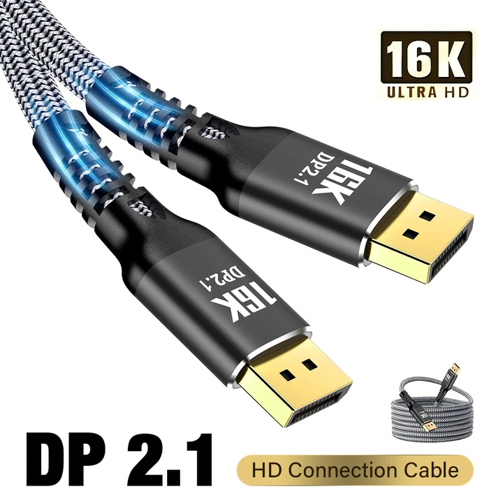 Cablu DisplayPort 2.1 Profesional, AHA PRINT®, 5 metri, Certificat 16K la 60Hz, 8K la 120Hz si 4K la 240Hz, 54Gbps, Ultra HD pentru Gaming, DSC 1.2a, HDR, Gaming G-Sync / FreeSync, Conectori Auriti, Compatibil cu PC, Monitor, Laptop, PS5, Xbox, Proiector