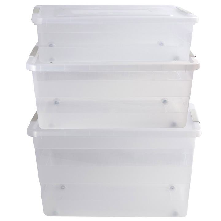 Set De 3 Piese Cutie De Plastic Cu Capac, Edanti, Pe RotI, 28L, 40L, 55L, Plastic, Transparenta