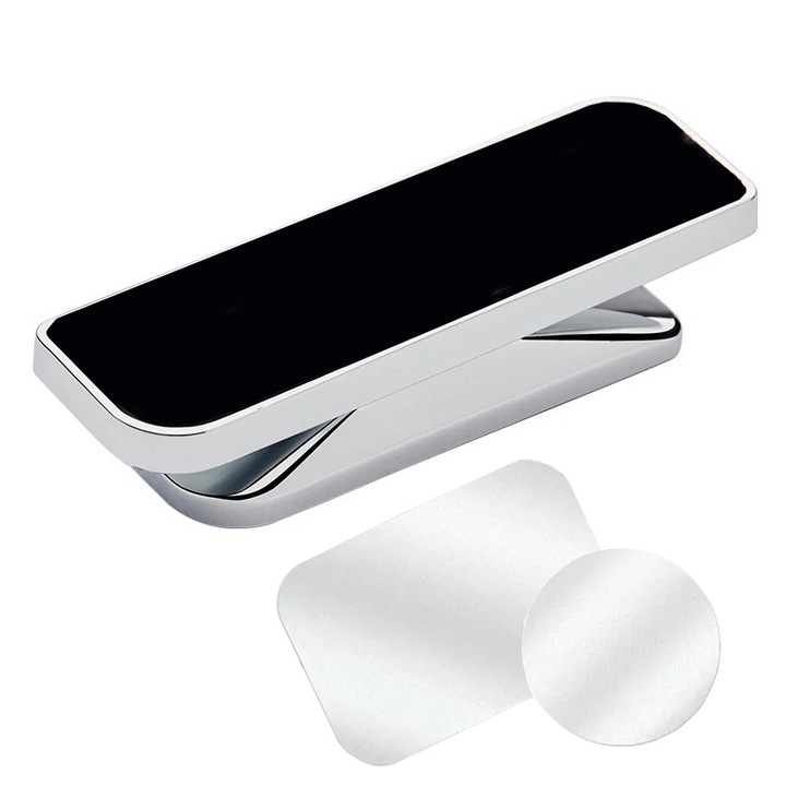 Suport auto magnetic pentru telefon SB10, cu fixare pe bord, rotiv 360 grade, 2 placute metal cu adeziv, argintiu