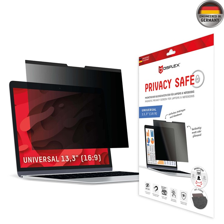 Betekintésgátló fólia, Univerzális Laptophoz 13,3", 16:10 - Displex Laptop Privacy Safe - Fekete