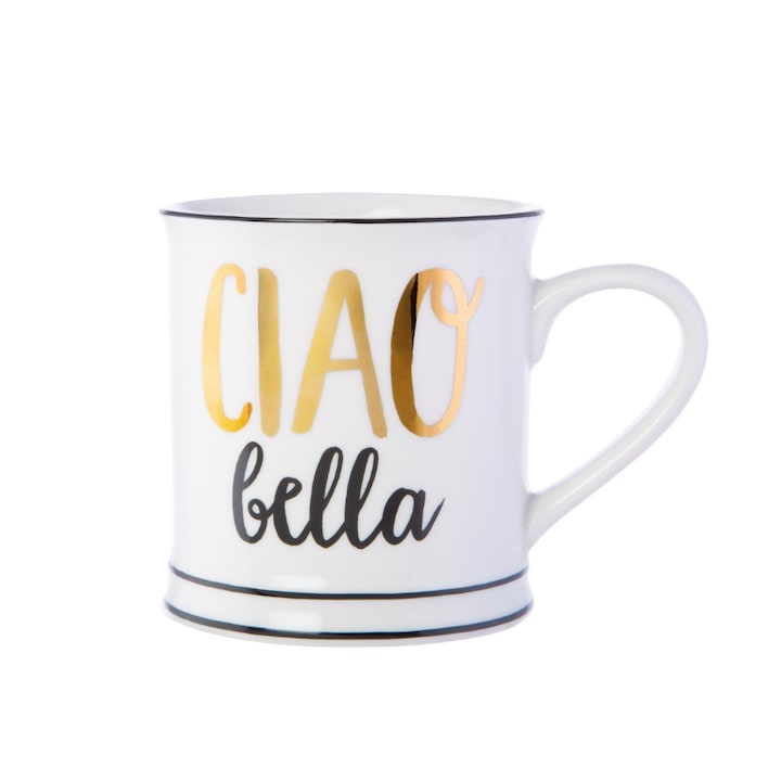 Cana Sass & Belle, alb, 400ml, detalii negre si aurii