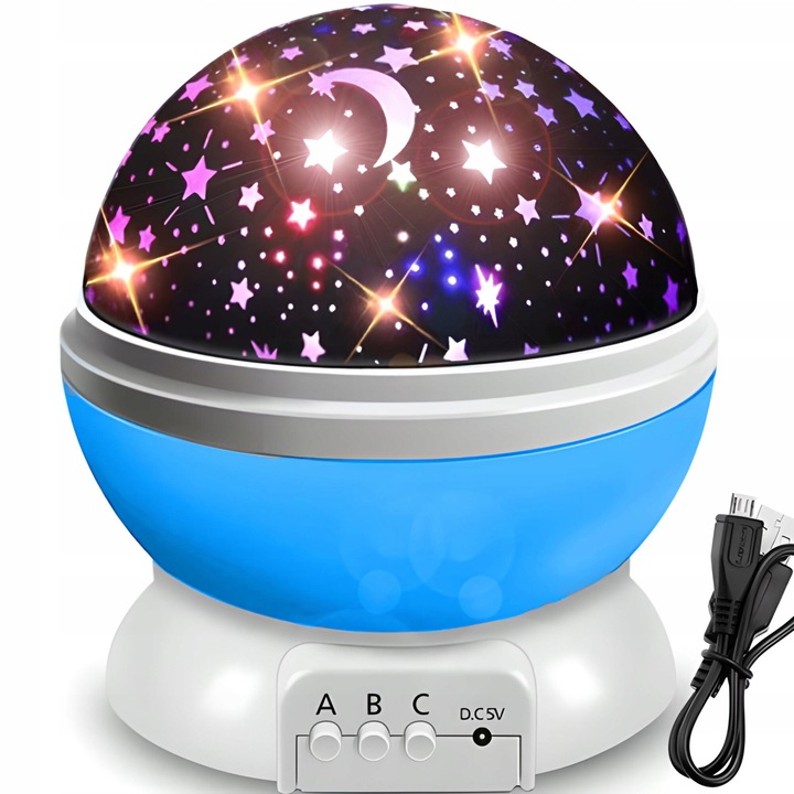 Lampa de veghe pentru copii, proiector stele, rotativa, LED, albastru, 13x13x14cm