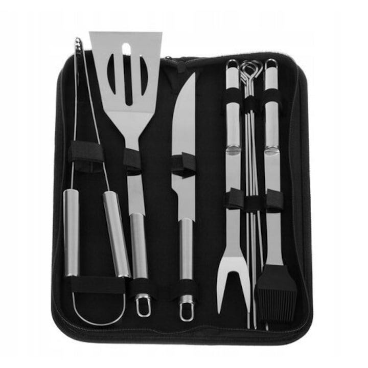 Set 9 ustensile pentru gratar, inox, cu husa, 38.5 x 12 x 5 cm, argintiu/negru