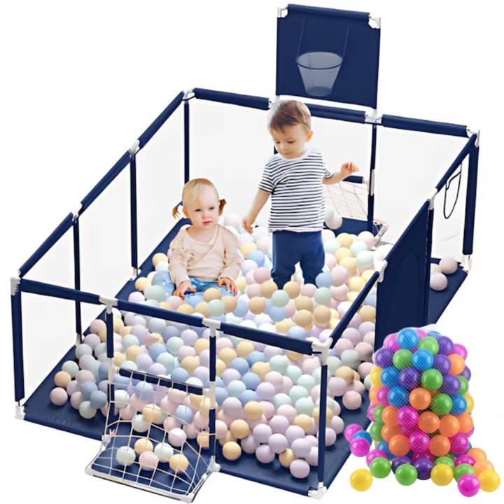 Tarc pentru copii Promerco® cu 100 de bile incluse, 180x120 cm, design cu cos pentru mingi si poarta, plasa de protectie, fermoar de deschidere
