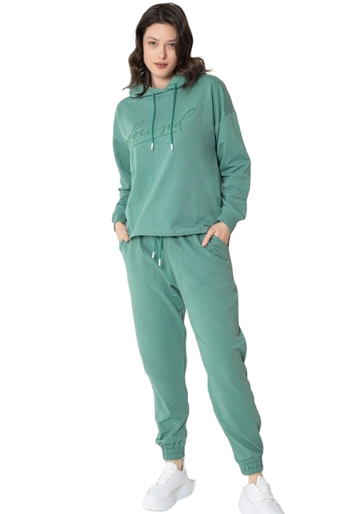 Дамски анцуг UraMag, памучен, качулка и връзки, Зелен
