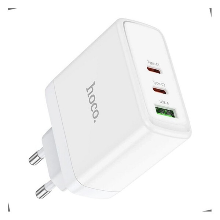Hoco n30 hálózati töltő usb+2 type-c aljzat, 65w, gan, pd gyorstöltő 3.0, fehér