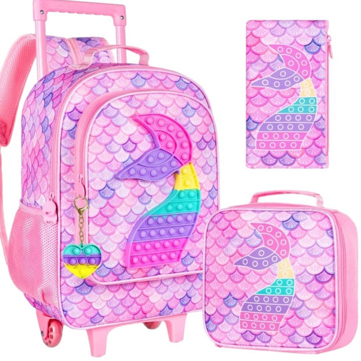 Set 3 piese Ghiozdan troler, Impermeabil, roti Silicon, Mov, Popit, Inima, 45x78x33