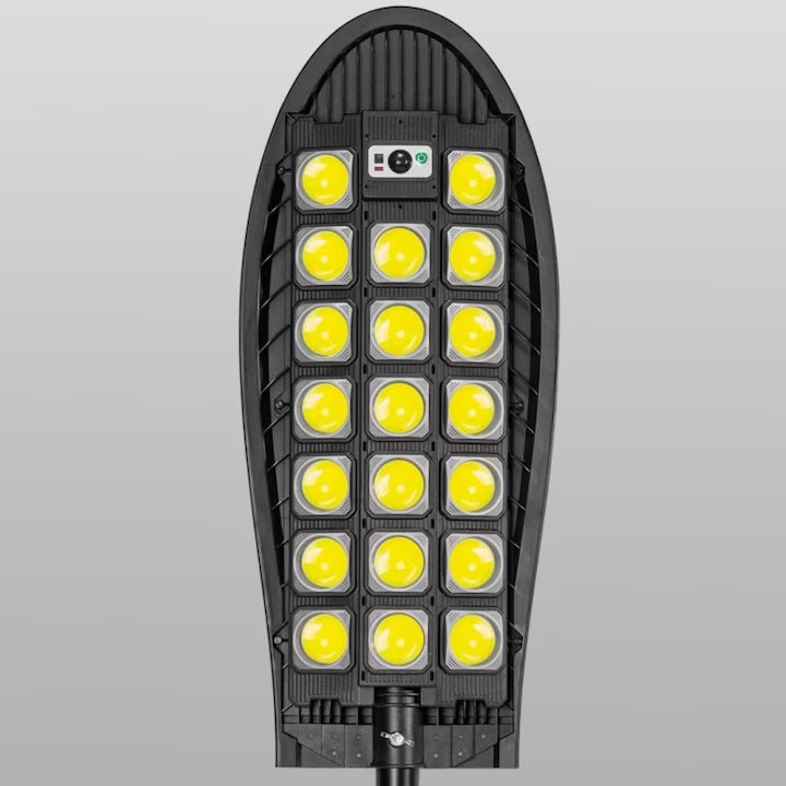 Lampa solara LED pentru exterior, curte, gradina sau stradala 800w, cu senzor de miscare, telecomanda, 3 moduri de iluminare, rezistenta la apa IP65, 20 LED-uri COB ultra-luminoase, unghi iluminare 240°, incarcare solara rapida, montaj usor