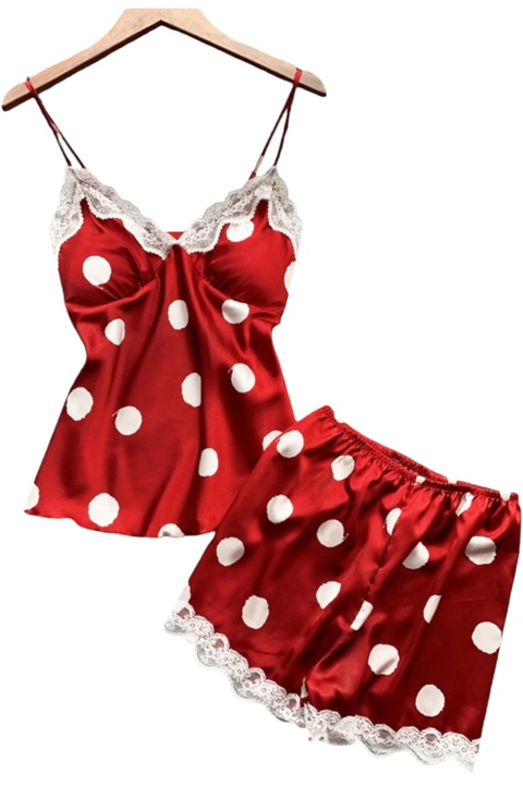 Pijama dama satin, StarFashion, maiou si pantaloni scurti, cu dantela, OneSize, S-L, Rosu, S-L
