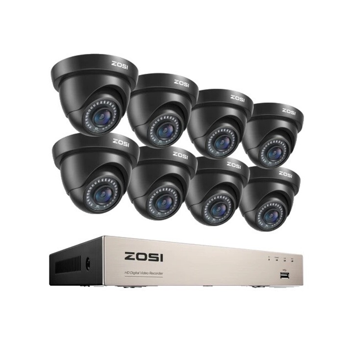 Система за видеонаблюдение, Zosi, 8 канала, 5MP Lite HD-TVI DVR, нощно виждане, детекция на движение, черен