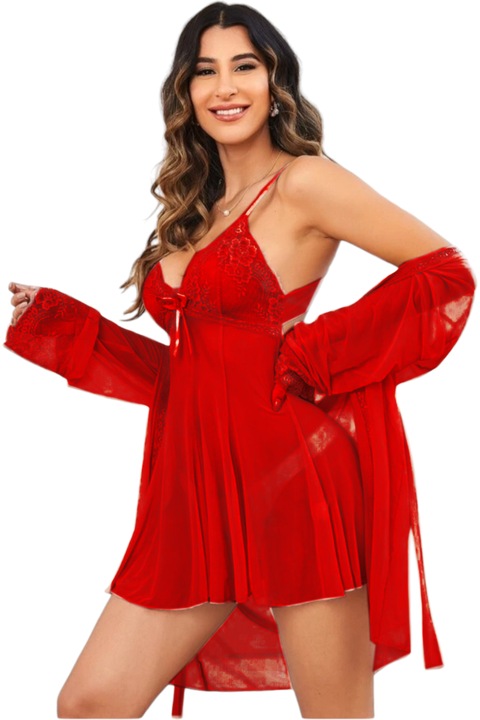 Pijama dama, halat cu furou, din dantela si voal semi-transparent, StarFashion, cu cordon in talie, rosu, One-Size