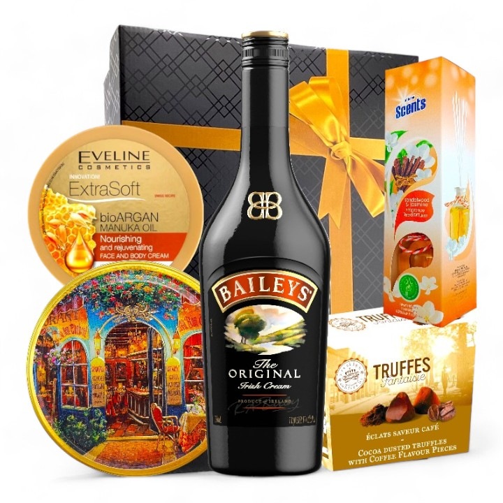 Pachet Cadou pentru Femei, CADOURI RAFINATE, model Special Delights, cu Baileys The Original Liqueur, Fursecuri Daneze cu Unt in Cutie Metalica, Difuzor de Parfum de Camera, Trufe Frantuzesti din Ciocolata, Crema Hidratanta, 6 Articole