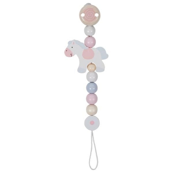 Държач за залъгалка с конче, Goki, дървен, пастелни цветове, 22x7см