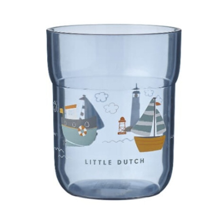 Pahar copii Little Dutch Mio Sailors Bay, plastic, 250ml, ergonomic, albastru/transparent, 7.5x7.5x9.1cm