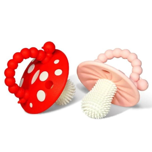 Set 2 suzete dentitie RaZbaby GRZYBEK, silicon, 3 luni+, rosu/roz
