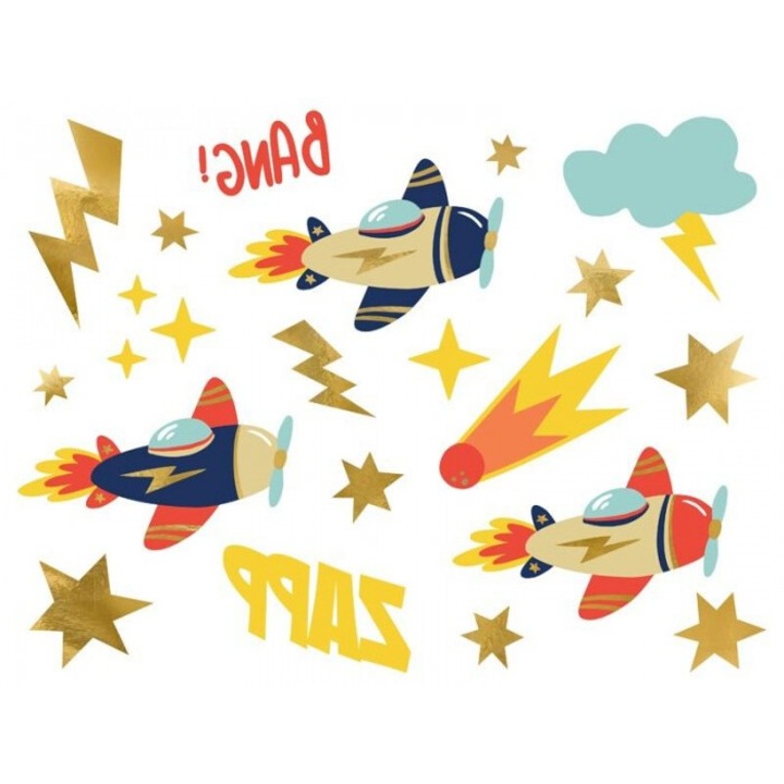 Set Tatuaje Temporare PartyDeco, Avioane, Multicolor, 11 Modele, 289x198 mm