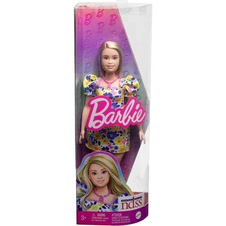 Papusa Barbie Fashionistas, Mattel, simboluri Down Syndrome, blonda, rochie florala