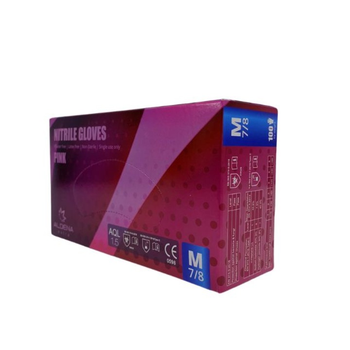 Rózsaszín nitril kesztyű, talkum/pormentes, 100 db, M méret