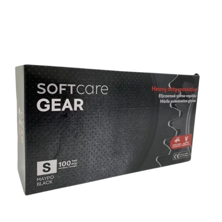 Autószerelő nitril kesztyű Soft Care Gear, S méret, fekete, 100 db. egy dobozban