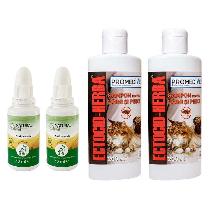 Pachet Antiparazitar Picaturi Spot On Natural cu extract din plante pentru Capuse, Purici, Paduchi, Scabie cat si pentru Muste, Tantari, Furnici, Viespi 2x30 ml si Sampon Antiparazitar Ectocid Herba 2x200ml, pentru Caini si Pisici