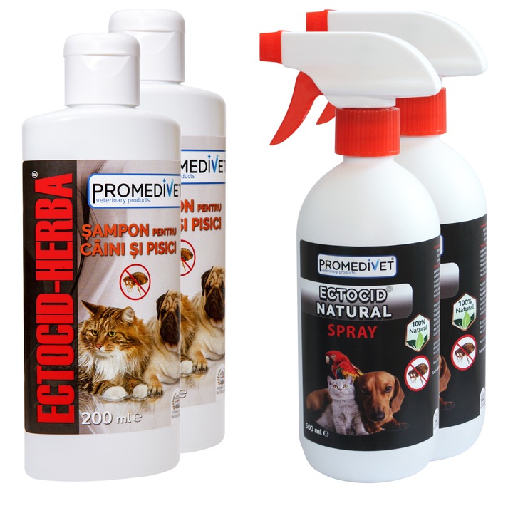 Pachet Spray Antiparazitar Herba Natural cu extract din plante, 2x500ml si Sampon Ectocid Herba, 2x200ml, pentru Caini si Pisici
