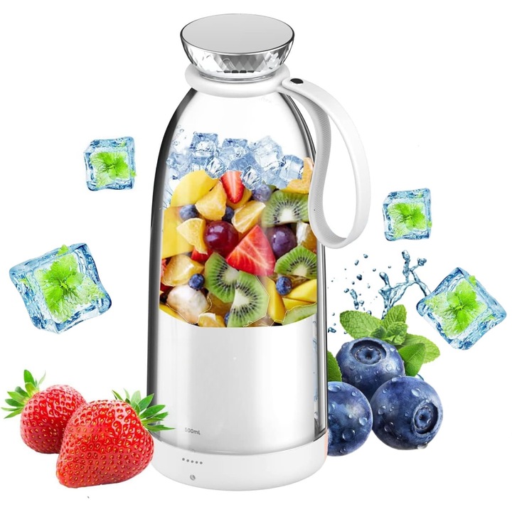 Мини електрически блендер MOSMAOO®, преносим, капацитет 500 ml, 6 3D остриета, 2400 mAh, компактен, безшумен, без BPA, бял