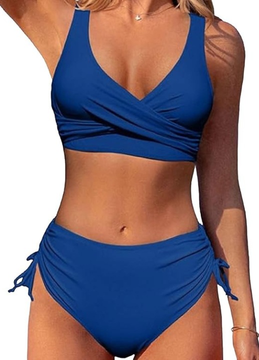 Дамски бански, Jarseila, комплект от 2 части - слип с висока талия и push-up сутиен, черен, Син