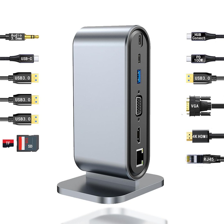 Hub Adaptor Multiport Multifunctionala Desktop 12 in 1, Bolongking® HDMI 4K30HZ, SD/TF, VGA, USB3.0*4, Type C, PD100W, Audio3.5mm, RJ45 100Mbps, Docking Station pentru Laptop, Gri