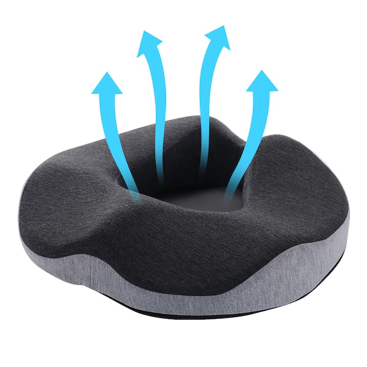 Ортопедична възглавница за стол, Мемори пяна, За офис стол или автомобилна седалка, Дишащ и неплъзгащ се калъф, При хемороиди, болки в тазобедрената става, ишиас, Многофункционална, Черен