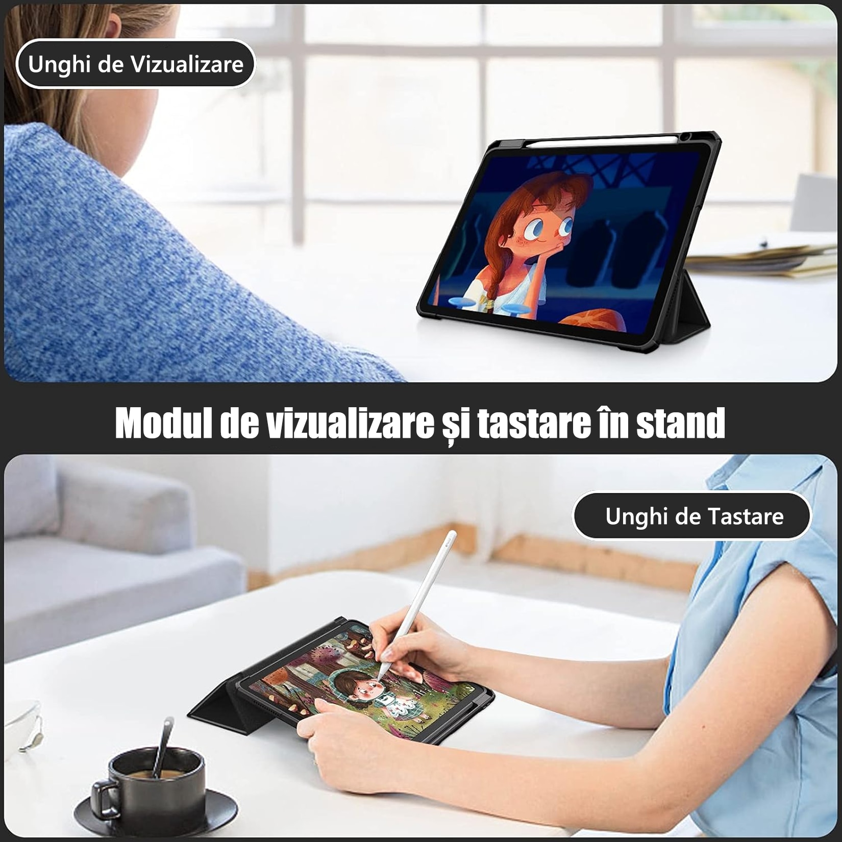 Husa Tech-Protect Smartcase Pen compatibila cu iPad 10.9 inch, suport creion, spate translucid mat, negru, pentru iPad 10th, 2022, Negru
