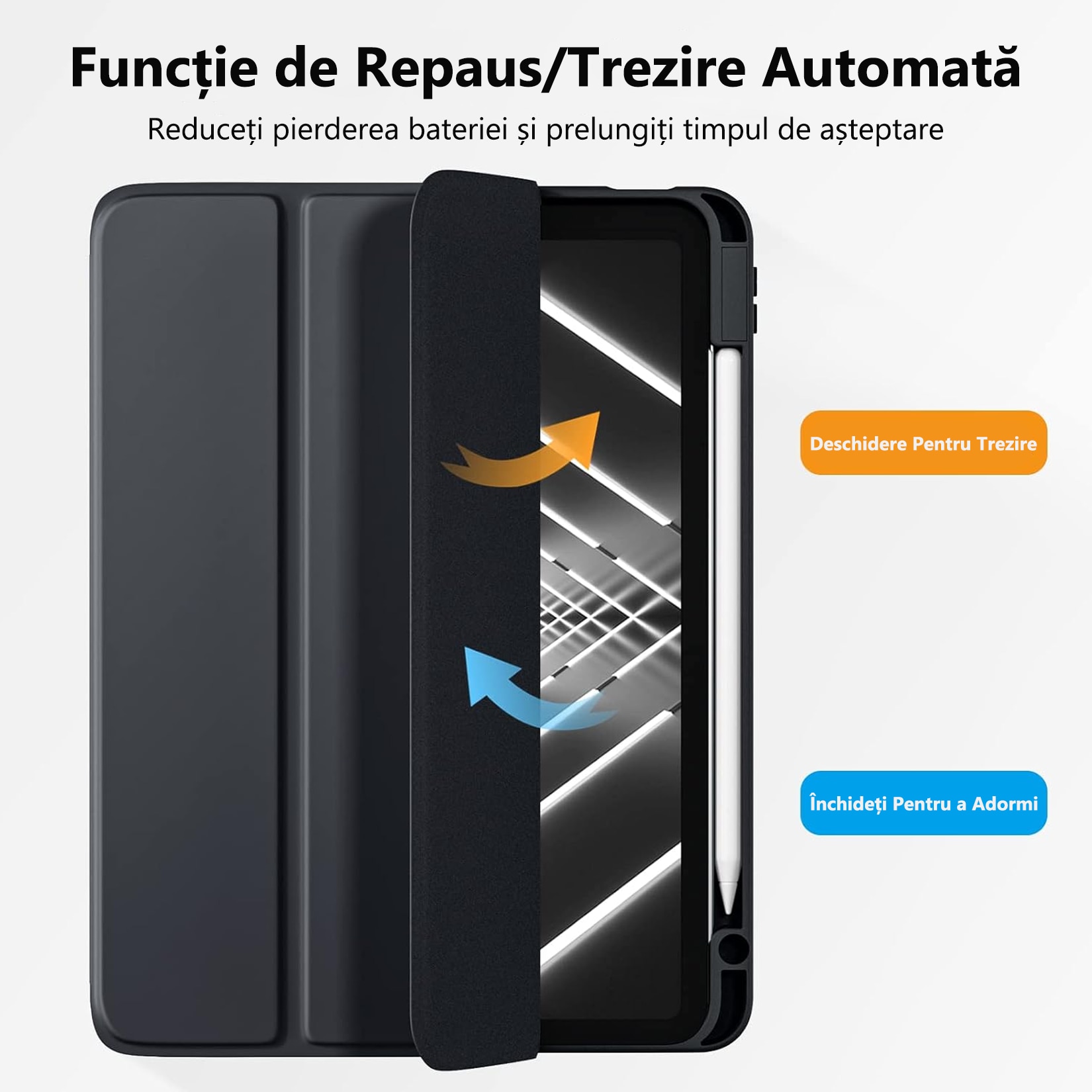Husa Tech-Protect Smartcase Pen compatibila cu iPad 10.9 inch, suport creion, spate translucid mat, negru, pentru iPad 10th, 2022, Negru