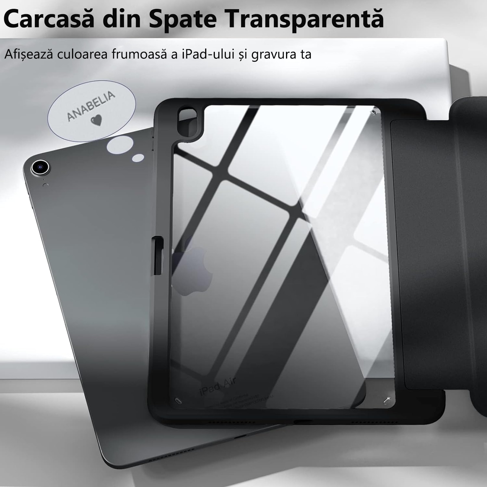 Husa Tech-Protect Smartcase Pen compatibila cu iPad 10.9 inch, suport creion, spate translucid mat, negru, pentru iPad 10th, 2022, Negru