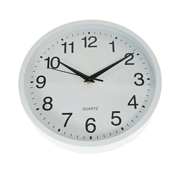 Ceas de perete silentios, cu design simplu, diametru 25 cm, afisaj analogic, cadran alb, fond alb Alb
