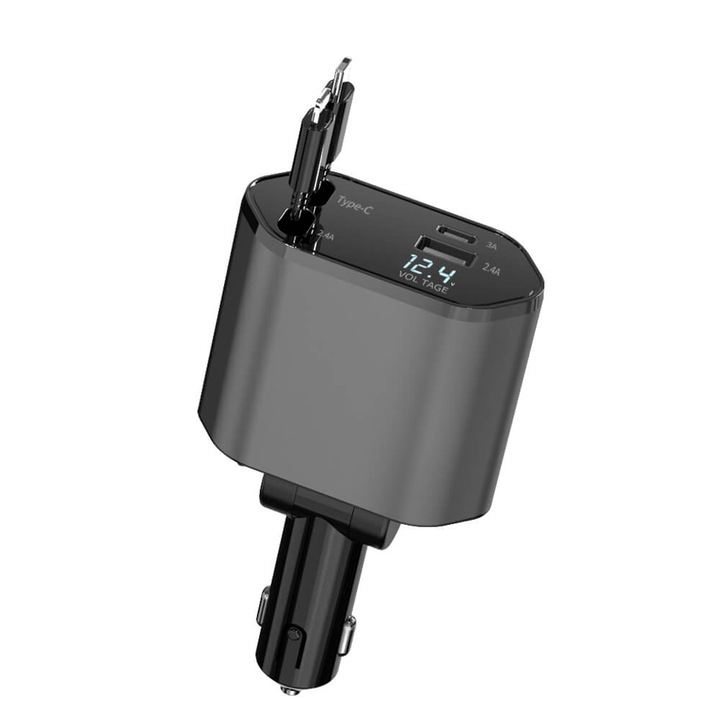 Incarcator auto 120W Super Fast Charge, Cablu Retractabil Type-C + Lightning, Mufa USB, USB-C, Afisaj LED, Universal, Compatibil iPhone, Samsung, Huawei