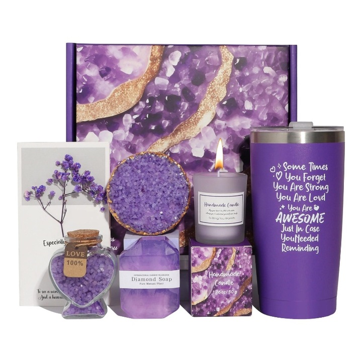 Set cadou, pentru femei, Hello Gorgeous, mov, 7 piese, experienta completa de relaxare si rasfat, elegant si practic