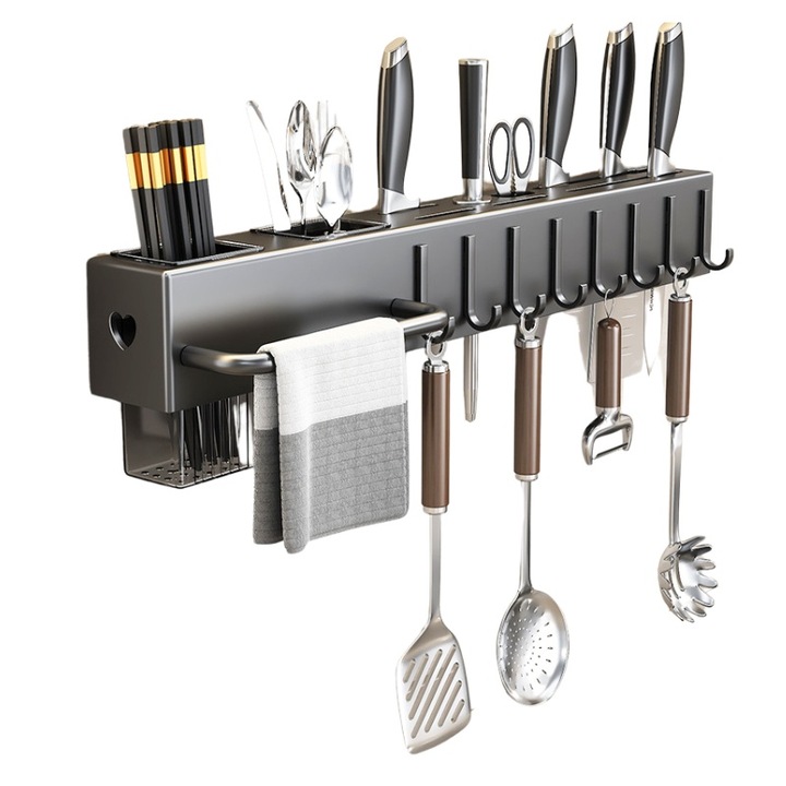 Стенен органайзер Mindblower за кухня, 50 см, неръждаема стомана, 8 куки, поставки за ножове и аксесоари, идеален за организиране на кухненски прибори, ножове, аксесоари