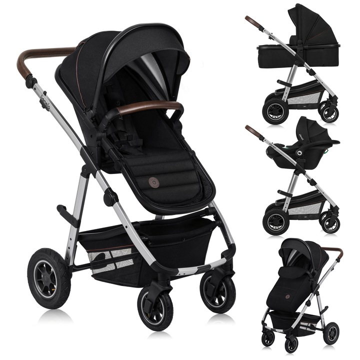 Carucior, Lionelo, Amber, 3 in 1, Compact, Cadru din aluminiu, Cu landou intarit si salteluta moale, Scoica auto, Reversibil, Maner ajustabil, Huse pentru picioare, Plasa de tantari, Husa de ploaie, Geanta parinti, Pana la 22 kg, Negru argint