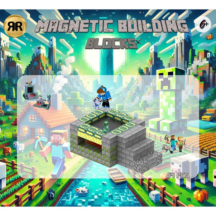 Set inteligent de constructie cu blocuri magnetice «RIR», Intra in lumea virtuala, 64 piese